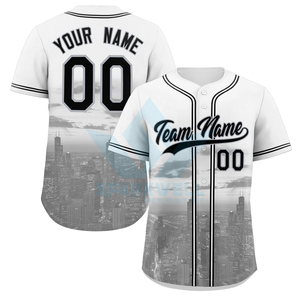 Maillot de baseball blanc personnalisé pour homme, imprimé sublimation paysage urbain, manches courtes, respirant, antibactérien, en polyester, avec nom du joueur - Product Image 2