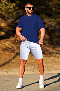 Shorts en jean bleu clair pour homme, taille mi-haute, coupe droite, décontracté, été, respirant, en coton tissé, délavage classique - Product Image 3