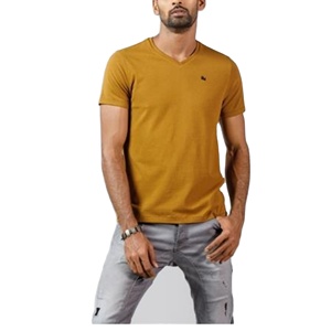 T-shirt décontracté pour homme, col en V, manches courtes, design personnalisé, 100% coton, vente en gros, t-shirt homme slim fit, couleur moutarde - Product Image 4