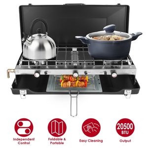 Estufa Portátil de Camping de 3 Quemadores, 20,000 BTU, Diseño Plegable, a Gas Propano, para Cocinar al Aire Libre, con Parabrisas y Asa para Bandeja de Tostadas - Product Image 2
