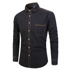 Chemises pour hommes en denim de coton lavé, boutonnées, respirantes, bleues, coupe classique, style décontracté, dernière collection de luxe - Product Image 6