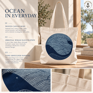 Bolsa de Lona Color Marfil Inspirada en el Océano con Estampado de Ballena Azul Marino |   Bolsa de Compras Diaria con Asas Largas para Uso Cotidiano - Product Image 5