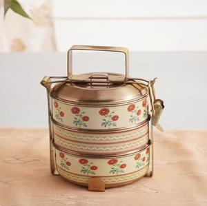 Botanical brass tiffin <b>box</b>, 3 tier vintage flower metal carrier, decorative food <b>box</b>, available at wholesale prices. - Product Image 1