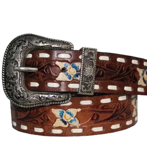 <b>Tooled</b> Leather Western Belt Cowboy Style Floral <b>Engraved</b> Belt for Men from Divine International India - Product Image 1