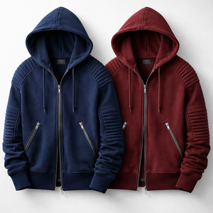 Sudadera con capucha unisex de alta calidad, estilo motero, con cremallera, logotipo en relieve, bordado 3D, color liso, informal, deportiva, en blanco. - Product Image 2