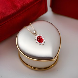 จี้รูปไข่ประดับทับทิมเงินแท้ทรงโอเวลล์ ประดับเพชร CZ รอบเพชร งานแฮนด์เมด เครื่องประดับอัญมณี สำหรับผู้หญิงและเด็ก ขายส่ง - Product Image 3