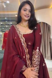 Robe Anarkali brodée marron, longueur ras du sol, tenue traditionnelle indienne et pakistanaise pour mariage, coupe ample, manches longues pour femme - Product Image 3