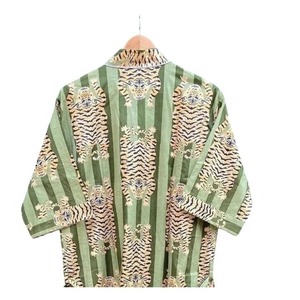 Tiger Print Cotton Kimono Robe – Sage Green Striped Long <b>Kaftan</b> with Waist Tie - Product Image 2