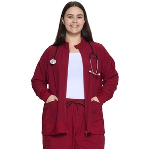 Blouse médicale pour femme, entièrement zippée, rouge, coton et polyester, uniforme d'hôpital avec stéthoscope - Product Image 1