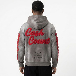 Sudadera con capucha gris para hombre, estilo urbano, de algodón French Terry, con estampado rojo en la manga y bolsillo frontal. - Product Image 4