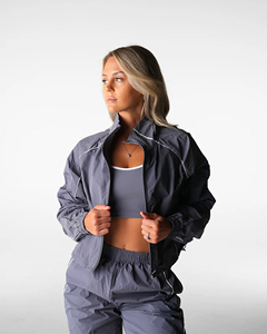 Women's Gray Lightweight Windbreaker Tracksuit Set Stand Collar line piping contrast windbreaker set nylon windbreaker - Product Image 2