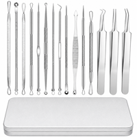 Kit de 15 outils de nettoyage de points noirs et d'acné pour le bureau - Extracteur de comédons en acier inoxydable avec étui, compatible US/AU