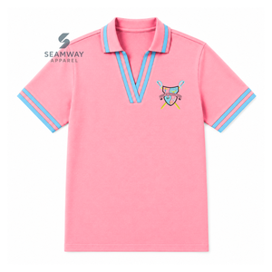 เสื้อโปโลแกมมา ฟิ เดลต้า ซอร์โรริตี้ สำหรับผู้หญิง สีชมพู-น้ำเงินลายทาง คอวี ผ้าปิเก้ถัก แขนสั้น ปักลายตราสัญลักษณ์ คอปก - Product Image 1