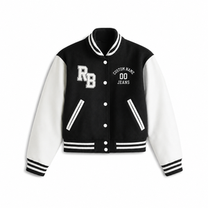 Chaqueta Universitaria de Cuero PU Negra y Blanca, con Logotipo RB Bordado e Impreso, Cuello Camisero, Cierre de Botones, Estilo Preppy, Unisex - Product Image 1