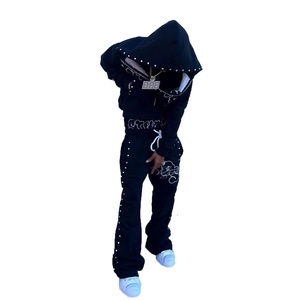 Ensemble de survêtements vintage pour hommes en molleton bouclette à strass, séchage rapide, style délavé à l'acide, avec pantalon évasé et sweat à capuche – Vente en gros - Product Image 3