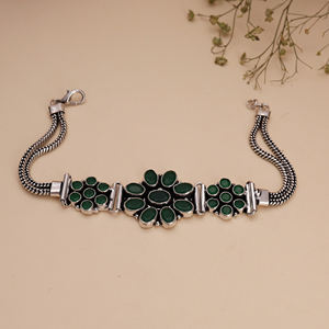 Antique Silver Plated Brass <b>Onyx</b> Bezel Setting Vintage Green Bohemian Statement Beaded Wedding <b>Bracelet</b> for Women - Product Image 5