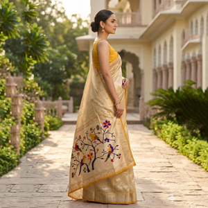 Beige <b>Tissue</b> Silk Saree Rich Zari Woven Design | Traditional Indian <b>Wedding</b> Diwali Prom Wear Floor-Length Designer Saree for - Product Image 3