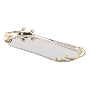 Nouvelle arrivée : Plateau décoratif ovale avec poignée florale en laiton, design bohème en métal argenté, pièce unique - Product Image 1