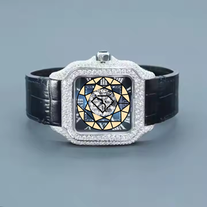 Reloj de lujo para hombre, completamente cubierto de diamantes de moissanita VVS1, caja cuadrada, esfera romana, correa de cuero. - Product Image 1