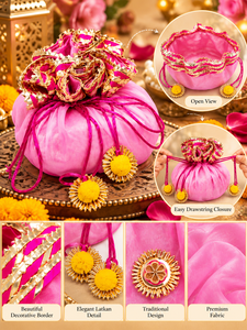 Sac Potli Shagun traditionnel indien avec pompons dorés pour cadeaux de mariage, cadeaux festifs, Puja et paquet de fruits secs - Product Image 2