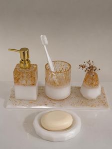 Factory Price Luxury Resin Four-piece Classic Easy Clean <b>Bathroom</b> <b>Accessories</b> <b>Set</b> Gold Foil Soap Dispenser Toothbrush Holder - Product Image 3