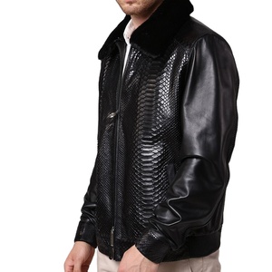 Blouson en cuir de python et cuir de vachette véritable sur mesure pour homme, style motard, hiver, respirant, service OEM, col montant, logo avant, échantillon - Product Image 2