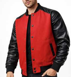 Veste universitaire rouge pour homme avec manches en cuir PU noir, coupe classique, fermeture boutonnée, vêtement décontracté pour l'automne - Product Image 1