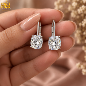 Pendientes colgantes con diamante cultivado en laboratorio de corte cojín, estilo antiguo de mina, con cierre de palanca |   Piezas de Joyería Fina de Oro Sólido de 9K, 14K y 18K - Product Image 4