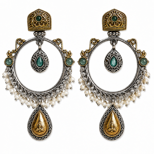 Boucles d'oreilles Jhumka rondes en laiton oxydé bicolore, serti clos, style bohème, plaqué or et argent antique, cadeau de fête pour femme - Product Image 2
