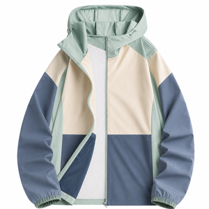 Unisex Hooded Color Block Windproof Jacket Full Zip Loose Fit Polyester Lightweight Casual Outdoor <b>Coat</b> for Spring Autumn - Product Image 3