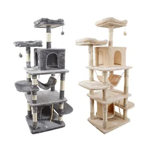 Muebles para gatos de varios niveles de madera grande de color gris beige, poste de sisal para rascar, torre de árbol para gatos