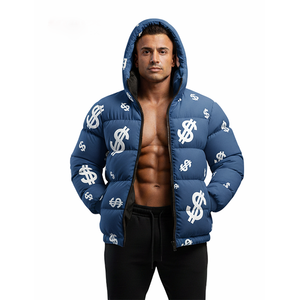 Blouson matelassé bleu à imprimé dollar pour homme, à capuche, streetwear d'hiver, coupe musculation, fermeture éclair, 300 grammes, imperméable, service OEM - Product Image 1