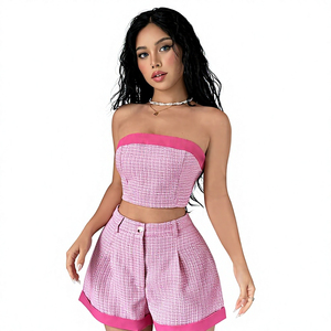 Custom Logo Y2K Style Women's Two-Piece Fleece Set Strapless Tube Crop Top <b>High</b>-Waist Shorts Polyester/Cotton Breathable Summer - Product Image 1
