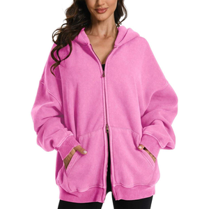 Sudadera con capucha rosa extragrande de manga larga con cremallera y hombros caídos para mujer, estilo casual y holgado con bolsillos, Colección 2026 - Product Image 6