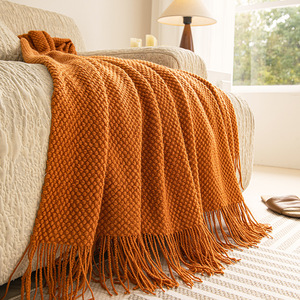 Knitted Solid Orange <b>Throw</b> Blanket With Tassels Rectangular Wool Acrylic Home Decor Fall Season Simple Style - Product Image 1