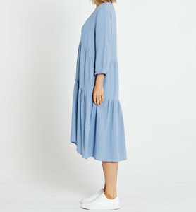 Women's Solid Color V-Neck Midi Dress <b>Three</b> Quarter Sleeve Loose Fit With Pockets Casual Summer Dress - Product Image 4