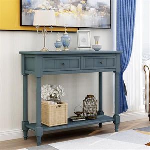 Consolle dal Design Tradizionale con Due Cassetti e Ripiano Inferiore in Legno Teak Blu Navy per Ingresso Casa, Appartamento, Hotel, Tavolino Laterale - Product Image 1