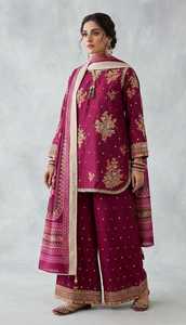 Elegante traje semiformal de 3 piezas para mujer, en tela de algodón, bellamente adornado con bordado tilla y delicado trabajo de lentejuelas. - Product Image 3