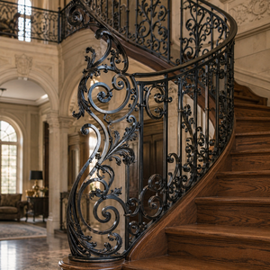 Rampe d'escalier incurvée en fer forgé noir de luxe, balustrade ornée avec main courante en bois pour la décoration de villas et de manoirs - Product Image 1