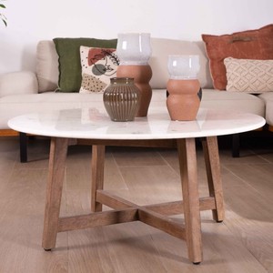 Mesa redonda de mármol Vandana Golden Sense de 90 cm con patas anguladas de madera maciza de mango Lor - Product Image 2