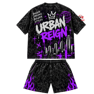 Urban Reign Men's Streetwear T-Shirt and <b>Shorts</b> Set Purple Graffiti Print Summer Casual Outfit Crew Neck Knitted Breathable - Product Image 2