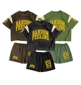 Ensemble T-shirt et short en coton pour homme Random Feeling – Col rond, tenue décontractée d'été, motif lettres imprimées, tricot respirant - Product Image 1