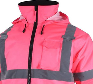 Reinforced Stitched Zipper Up Stand Collar Detachable Hood Safety <b>Jacket</b> With <b>Reflective</b> Stripes For Unisex <b>Men</b> Women - Product Image 5