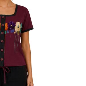 Burgundy And Black Women <b>Two</b> <b>Piece</b> Shorts <b>Set</b> Square Neck Button Top Floral Print Contrast Trim Casual Summer Cotton <b>Lounge</b> Wear - Product Image 4