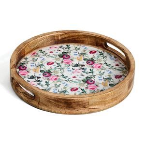 Plateau décoratif à imprimé floral botanique de qualité supérieure, plateau de service rond en bois de manguier artisanal en gros pour commande en gros - Product Image 5