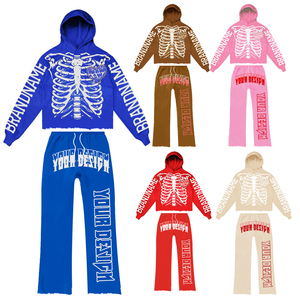 Custom Winter Breathable Lightweight Plus Size Hooded Skeleton Print 100% Cotton <b>Hoodie</b> Jogger Sweatpants Set Unisex Tracksuit - Product Image 1