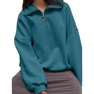 Custom Women's Oversized <b>Stand</b> Collar Half Zip Knitted Sweatshirt Solid Color <b>Drop</b> Shoulder Long Sleeve Breathable Autumn Wear - Product Image 2