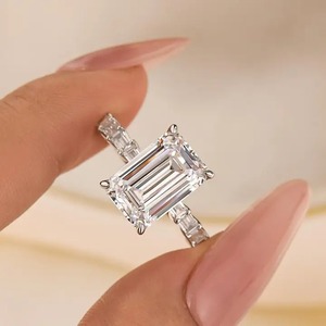 Trendy Look 5.5 Carat 925 Moissanite <b>Emerald</b> Cut Hidden Halo Engagement <b>Ring</b> Travel <b>Ring</b> Sterling <b>Silver</b> White Gold Plated Women - Product Image 3