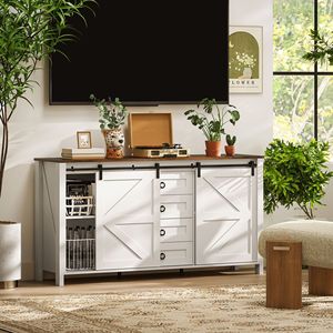 Buffet de style farmhouse en blanc crème vieilli de 60 pouces avec tiroirs réglables et portes coulissantes pour le rangement de la cuisine - Product Image 2