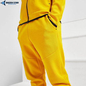 Unisex Yellow Hooded Tracksuit Full Sleeve Solid Color Sporty Sweatshirt Pants Set Breathable Polyester Autumn Wear - Product Image 5